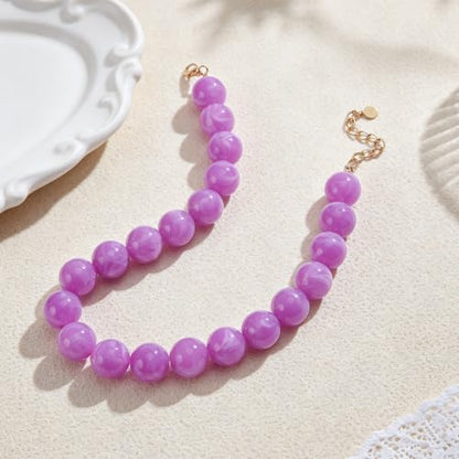 Chunky Beaded Necklace for Women Trendy Boho Collar Statement Necklace Large Round Resin Beads Choker Necklaces Summer Beach Jewelry Gifts - color: Purple