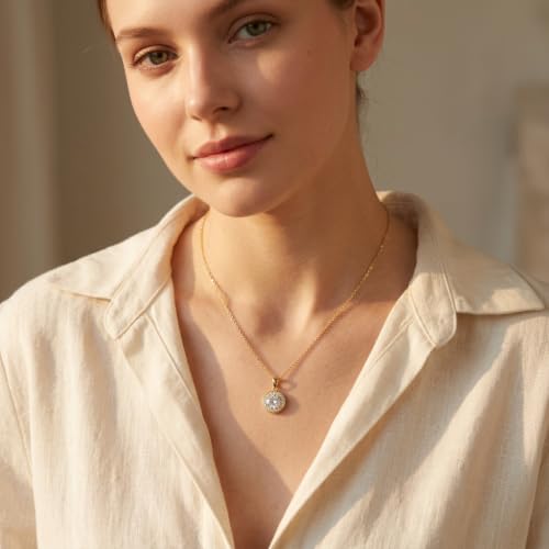 14K Gold Plated Petite CZ Halo Pendant Necklace for Women, Adjustable Chain