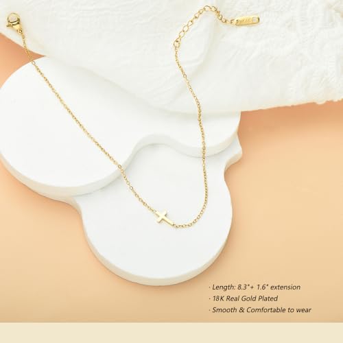 Ankle Bracelets for Women 14K Gold Sterling Silver Plated Anklets for Women Waterproof Dainty Anklets with Cubic Zirconia,Clover, Forever Love Knot, Chains Trendy Everyday Anklet Beach Summer Jewelry Gift - color: Cute Cross-Gold
