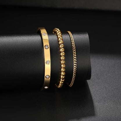 18K Gold Plated Bangle Bracelet Set for women,Cubic Zirconia Classic Stainless Steel Adjustable Gold Tennis Love Bracelets Stack for women and men - color: Beads Bracelet Set