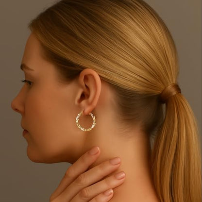 LeCalla Real 925 Sterling Silver Textured Two-Tone Three-Tone 14K Gold Plated Lightweight Italian Design Hoop Earrings for Women Diameter 25,30,40,45,50mm - color: Textured Small-25mm
