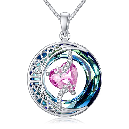 TOUPOP Birthstone Necklace Women Sterling Silver Moon Star Birthday Jewelry | Celtic Moon Pendant with Blue Crystal Anniversary Christmas Jewelry Gifts for Wife Mom Her - color: A-10-Pink Tourmaline