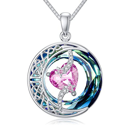 TOUPOP Birthstone Necklace Women Sterling Silver Moon Star Birthday Jewelry | Celtic Moon Pendant with Blue Crystal Anniversary Christmas Jewelry Gifts for Wife Mom Her - color: A-10-Pink Tourmaline
