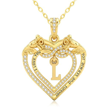 14K Gold Initial Letter Rose Heart Pendant Necklace for Women, Anniversary Birthday Jewelry Gifts for Wife Mom Grandma Sister Daughter, I Love You for Always And Forever - style: 14K Gold-L