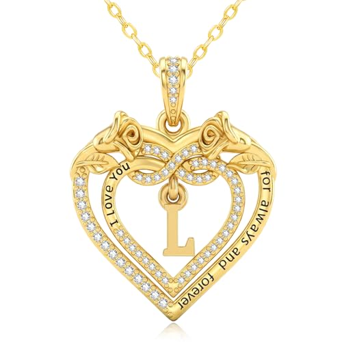 14K Gold Initial Letter Rose Heart Pendant Necklace for Women, Anniversary Birthday Jewelry Gifts for Wife Mom Grandma Sister Daughter, I Love You for Always And Forever - style: 14K Gold-L