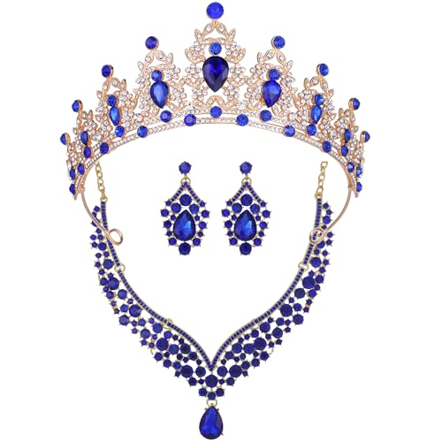 Kamirola Bridal Wedding Tiara Crown Jewelry Set for Women/Brides/Bridesmaids Crystal Jewelry Set for Wedding Prom Party Bridal Crystal Necklace Earrings Bracelet Set(TR60) - color: Gold Blue