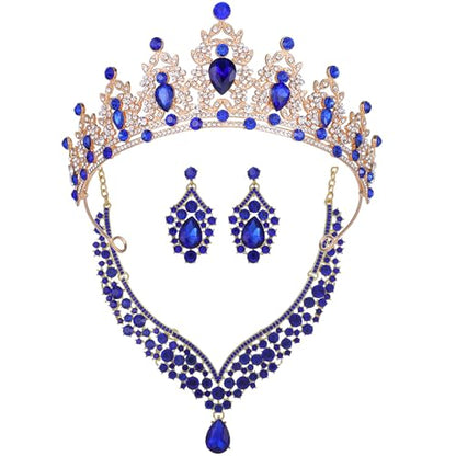 Kamirola Bridal Wedding Tiara Crown Jewelry Set for Women/Brides/Bridesmaids Crystal Jewelry Set for Wedding Prom Party Bridal Crystal Necklace Earrings Bracelet Set(TR60) - color: Gold Blue