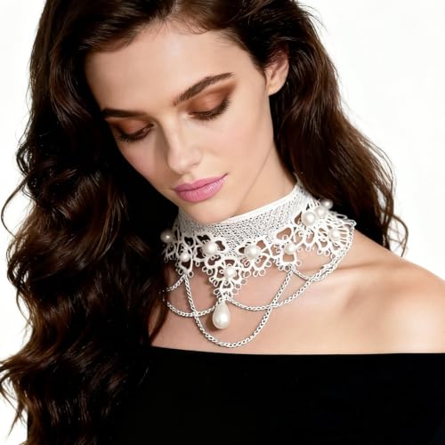 Lace Choker Necklace for Women Gothic Pearl Pendant Necklace Halloween Cosplay Jewelry - color: White