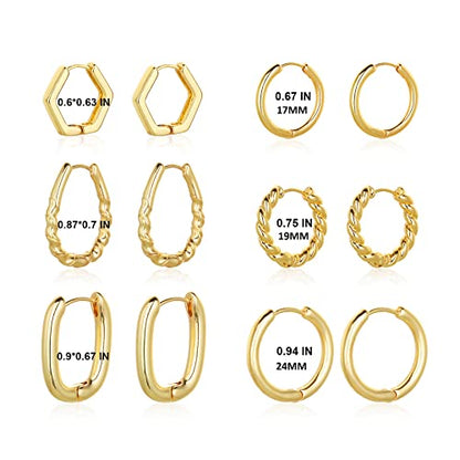 Wgoud 6 Pairs Chunky Gold Hoop Earrings for Women, 14K Gold Plated Hoop Earrings Hypoallergenic, Thick Lightweight Twisted Huggie Hoops Earring Set for Women’s Jewelry GIfts - color: 6 Pairs Gold