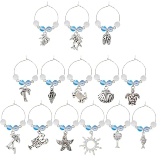 SUNNYCLUE 1 Box 14Pcs Drink Charms Bulk Wine Marker Charms Wine Glass Identifier Sea Summer Ocean Hawaii Glass Ball Charms Wine Identifiers for Gathering Wedding Gift Party Favor Drinks Decor Supplies - style: 14 Sets Silver Tone Summer Ocean Wine Charms