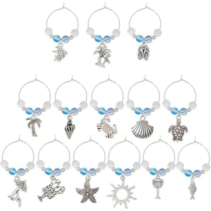 SUNNYCLUE 1 Box 14Pcs Drink Charms Bulk Wine Marker Charms Wine Glass Identifier Sea Summer Ocean Hawaii Glass Ball Charms Wine Identifiers for Gathering Wedding Gift Party Favor Drinks Decor Supplies - style: 14 Sets Silver Tone Summer Ocean Wine Charms