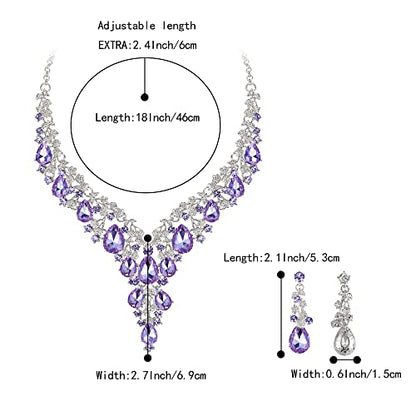 Wedding Bridal Necklace Earrings Jewelry Set for Women | Gorgeous Austrian Crystal Teardrop Flower Cluster for Bridal Bride Bridesmaid - color: 2Pcs-Light Purple Silver-Tone