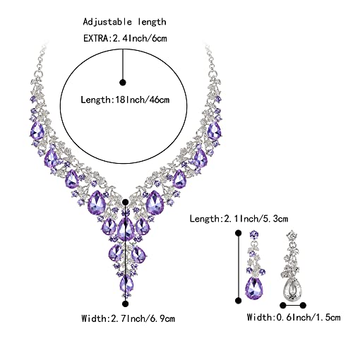 Wedding Bridal Necklace Earrings Jewelry Set for Women | Gorgeous Austrian Crystal Teardrop Flower Cluster for Bridal Bride Bridesmaid - color: 2Pcs-Light Purple Silver-Tone