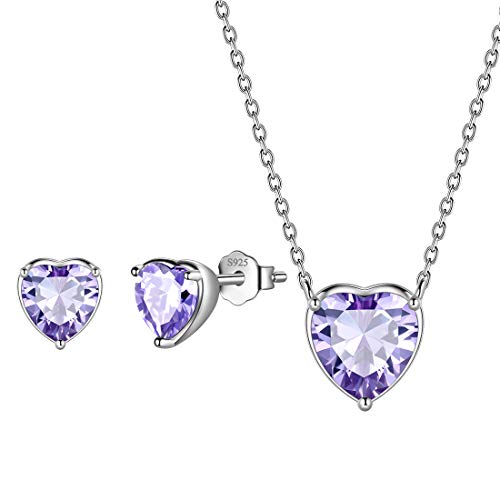 Aurora Tears Hearts Necklace Earrings Jewelry Sets - Women 925 Sterling Silver Birthstone Pendants Earrings Set Crystal Wedding Birthday Jewelry - color: F.June-set