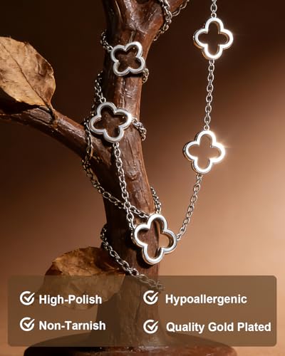 Four Leaf Clover Necklace 18K Gold Plated Necklaces for Women Lucky Flower Pendant Adjustable Link Chain Stainless Steel Dainty Trendy Simple Jewelry Gifts for Women - color: 5G-Silver