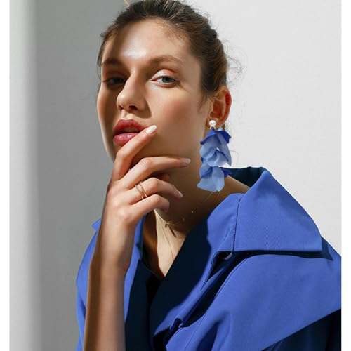 Handmade Bohemian Lightweight Fabric Flower Dangle Drop Earrings Chic Pearl Large Tassel Petal Stud Earrings For Women - color: Blue