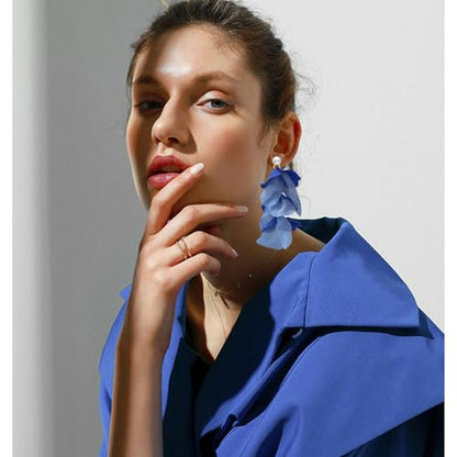 Handmade Bohemian Lightweight Fabric Flower Dangle Drop Earrings Chic Pearl Large Tassel Petal Stud Earrings For Women - color: Blue