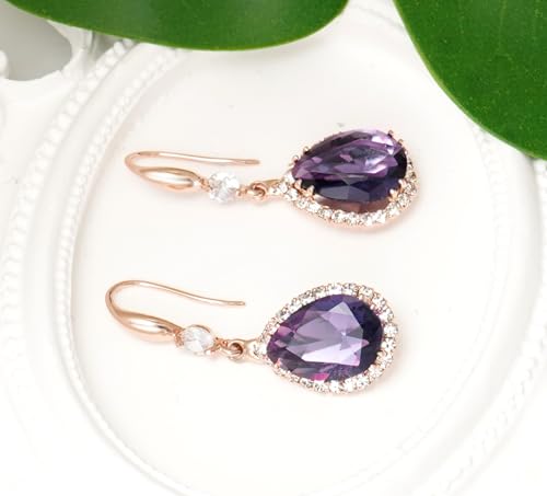 Crystal Drop Earrings for Women Cubic Zirconia Teardrop Earrings Sparkling Rhinestone Dangle Earring - color: Gold Purple
