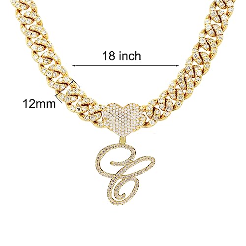 Initial Necklaces Silver Cuban Link Chain for Women Iced Out Chain with Heart Letter Pendants Custom Chain Name Necklace Hip Hop Jewelry Gift - color: C Gold