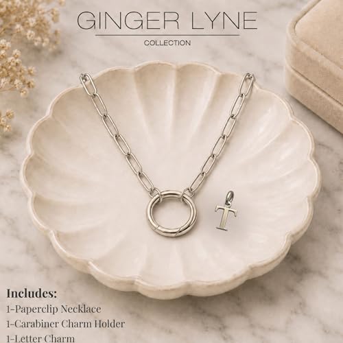 Paperclip Chain Carabiner Initial Charm Holder Necklace by Ginger Lyne | 18K Gold-Plated or Silver Tone Paperclip Chain with Carabiner Charm Holder, Adjustable 18-20 Inch, A-Z Initial Pendant - color: Silver-T