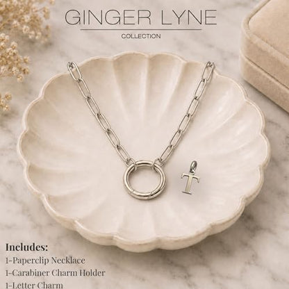 Paperclip Chain Carabiner Initial Charm Holder Necklace by Ginger Lyne | 18K Gold-Plated or Silver Tone Paperclip Chain with Carabiner Charm Holder, Adjustable 18-20 Inch, A-Z Initial Pendant - color: Silver-T