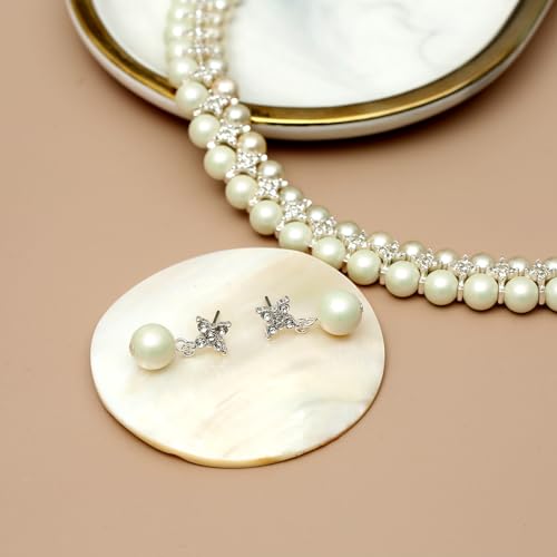 S SUSANN Costume Layered Twisted Gold Pearl Necklace Choker Chunky Glass Statement Pearl Necklace and Earring set, good gift for women Faux pearl necklace set - style: silver star rhinestones pearl
