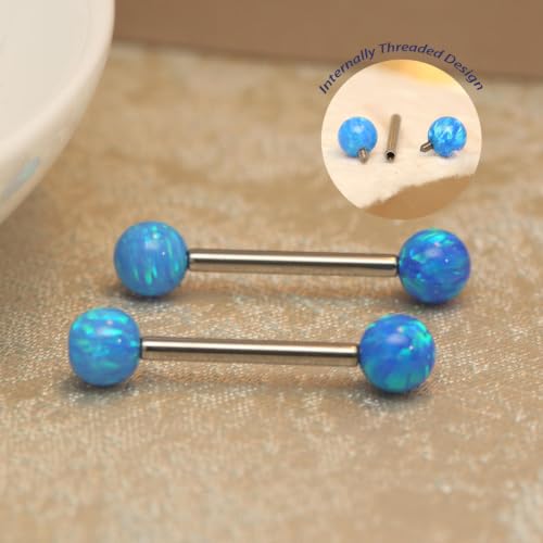 FUNLMO 1 Pair Nipple Piercing Jewelry Titanium Nipple Rings Internally Threaded Tongue Rings Bridge Piercing Jewelry Opal Nipple Barbells - color: Silver, Blue Opal Ball