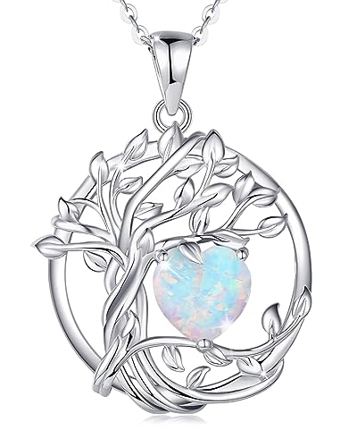 FANCIME Tree of life Birthstone necklace Sterling Silver Pendant Birthstone Necklace Gemstone Anniversary Birthday Jewelry Mothers Day Gifts for Mom Her Wife - color: Oct.-Opal