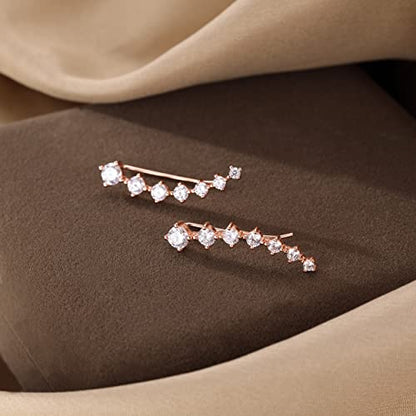 Reffeer Solid 925 Sterling Silver 7 Crystals Cuff Earrings Climber for Women Crawler Earrings Wraps - color: C-Rose Gold