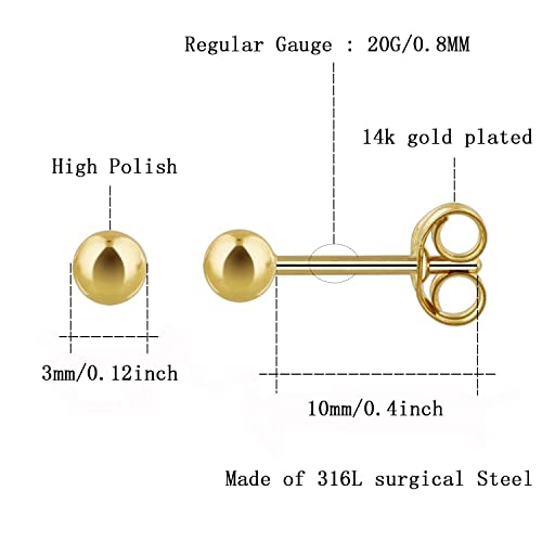 6Pairs 2mm/3mm Surgical Steel Hypoallergenic Piercing Studs, 20G 14K Real Gold Filled Tiny Stud Earrings Set for Multiple Hole Piercing (Cubic Zirconia, Pearl, Ball) - style: B : Ball, Gold, 3MM, 6 Pairs