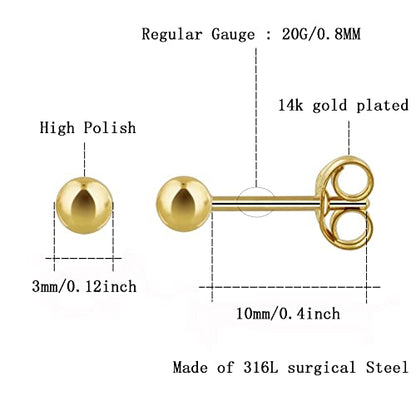 6Pairs 2mm/3mm Surgical Steel Hypoallergenic Piercing Studs, 20G 14K Real Gold Filled Tiny Stud Earrings Set for Multiple Hole Piercing (Cubic Zirconia, Pearl, Ball) - style: B : Ball, Gold, 3MM, 6 Pairs
