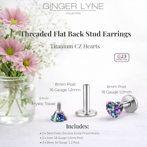 Titanium Heart CZ Labret Stud Earrings for Piercings by Ginger Lyne 6Pc Set G23 Screw Front Flat Back Body Jewelry 2 pair post 6mm, 8mm Cartilage, Helix, Tragus, Lip, Conch, Lobe - color: 3mm-MysticRainbow