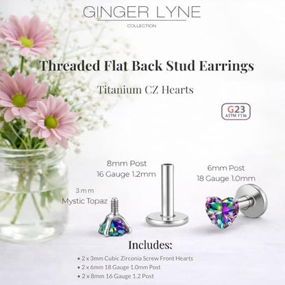 Titanium Heart CZ Labret Stud Earrings for Piercings by Ginger Lyne 6Pc Set G23 Screw Front Flat Back Body Jewelry 2 pair post 6mm, 8mm Cartilage, Helix, Tragus, Lip, Conch, Lobe - color: 3mm-MysticRainbow