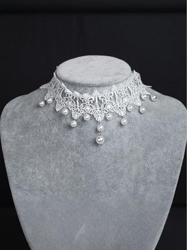 Lace Choker Necklace for Women Tassel Pendant Choker Necklaces Elegant Boho Collar Necklaces Statement Artistic Chain Necklace with Pearl Halloween Party Cosplay Costume Jewelry - color: White Lace Pearl-5
