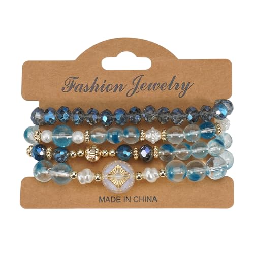 Boho Beaded Bracelet Set for Women - 4 Pcs Multilayer Stackable Crystal Glass Bead Bracelets with Faux Pearl Elastic Stretch Fashion Jewelry for Daily Wear, Beach, Party & Gifts - color: Blue