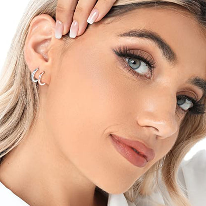3 Pairs 925 Sterling Silver Small Huggie Hoop Earrings for Women Men | 14K White Gold Plated, Hypoallergenic, Small Silver Hoops - color: F-3 Colors 8mm