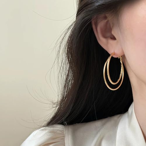 Double Hoop Earrings for Women,925 Sterling Silver Earrings Hoop Post 14K Gold Hoops Non Tarnish Sturdy backless earrings for women,Large Thin Lightweight Hypoallergenic 40mm,Trendy Jewelry Gift - color: Gold