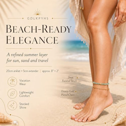 2Pcs Beaded Anklets for Women, Natural Stone Bead Ankle Bracelets with 14K Gold Plated Chain, Waterproof Adjustable Layered Anklet Set, Boho Beach Summer Jewelry Gift - color: Green Aventurine