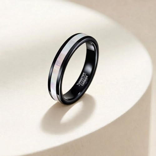 Vakki 4mm 6mm Womens Rose Gold Tungsten Carbide Ring with Mother of Pearl Shell/Marble Inlaid Wedding Band Comfort Fit Size 5-12 - color: E-4mm-Mother of Pearl & Black