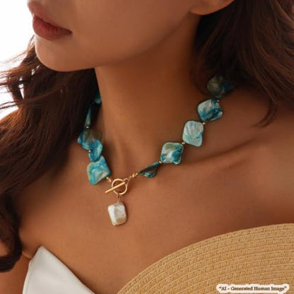 Boho Chunky Shell Necklace for Women Baroque Pearl Pendant Necklaces Irregular Shell Beaded Choker Necklace Trendy Vacation Jewelry Accessories - color: Blue