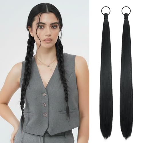 Black Ponytail Extension for Women 2PCS DIY Braided Ponytail Extension with Hair Tie Long Yaki Straight Hairpieces for Active Wear Gym Party Beginners 26 Inches - color: Black