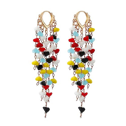 Fringe Hoop Dangle Earrings, Long Beads Tassel Chain Earrings for Women Sparkly Chandelier Earrings - color: Coloful