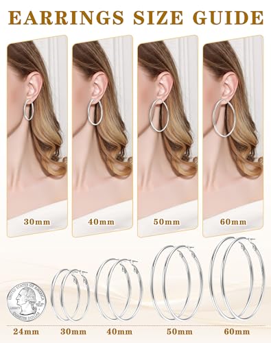 4 Pairs Gold Sliver Hoop Earrings For Women, Hypoallergenic Surgic Steel | 14K Gold Plated Stainless Steel, 30/40/50/60mm, Small Medium Large Size, Thin, Lightweight - color: 4 Pairs Silver-30/40/50/60mm