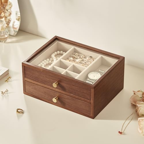 Black Walnut Wooden Jewelry Box for Women, 2 Layer | Large Jewelry Organizer Box, For Necklaces, Watch, Ring, Earring Storage, Ideal Gift - style: 2 Layer B