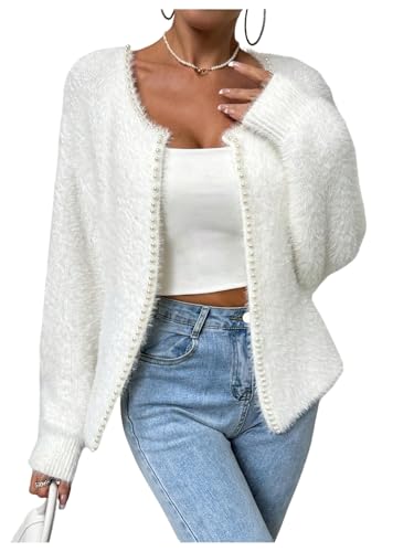 SOLY HUX Women's Fuzzy Open Front Cardigan Elegant Pearl Long Sleeve Dressy Casual Sweaters Outerwear - size: X-Large