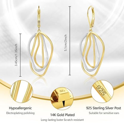 Two Tone Twisted Drop Earrings for Women Gold and Silver Dangle Earrings | Hypoallergenic Mixed Metal Earrings 14K Gold and Silver Plated Dangly Leverback Earrings Trendy Jewelry Gifts - color: Gold Silver Two Tone
