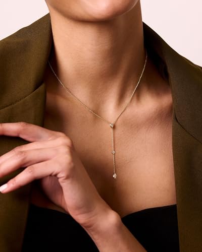Long Gold Necklace For Women,Dainty Lariat Y Necklace 14K Gold Plated Cute Cubic Zirconia Lariat Necklaces Trendy Simple Statement Rhinestone Choker Necklaces Summer Jewelry - color: Gold-style 3