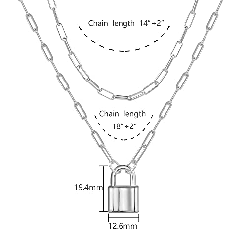 Lock Necklace for Women Paperclip Link Chain Padlock Necklace Non-Tarnish - color: Silver - 2 PCS Layered Lock Necklaces