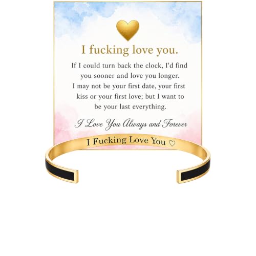I Fcking Love You Cuff Bracelet For Women, Enamel Open Adjustable Stainless Steel I F Love You Bracelets Engraved Heart Vintage Funny Romantic Promise Rings Inspirational Wife Husband Jewelry Gifts - color: Love Gold Black