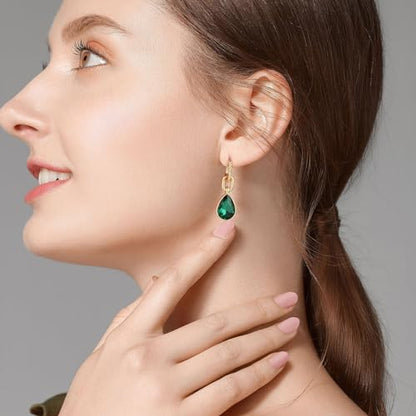 Crystals Teardrop Dangle Drop Earrings, 18K Gold Plated Hoop Earrings Zirconia Jewelry for Women Gifts - color: Green-Long